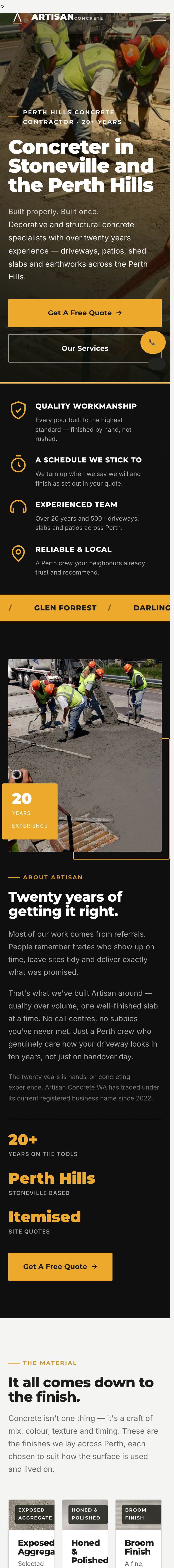 The Artisan Concrete website on a phone