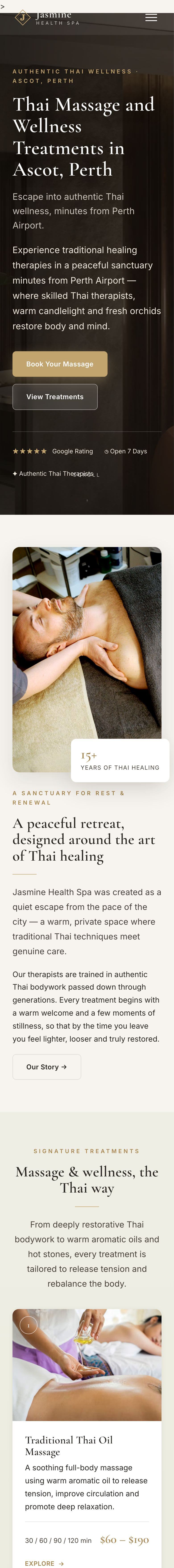 The Jasmine Health Spa website on a phone