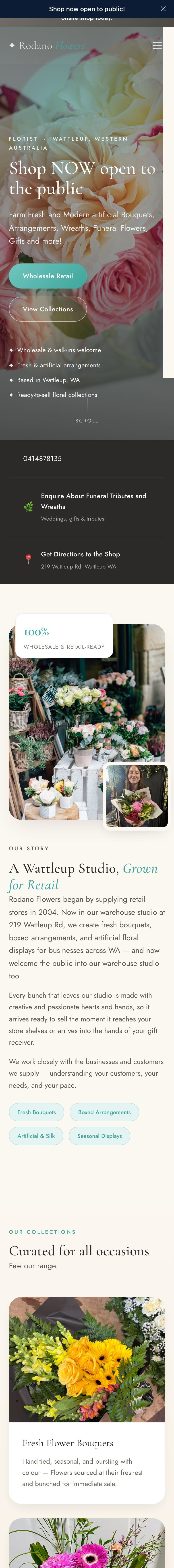 The Rodano Flowers website on a phone